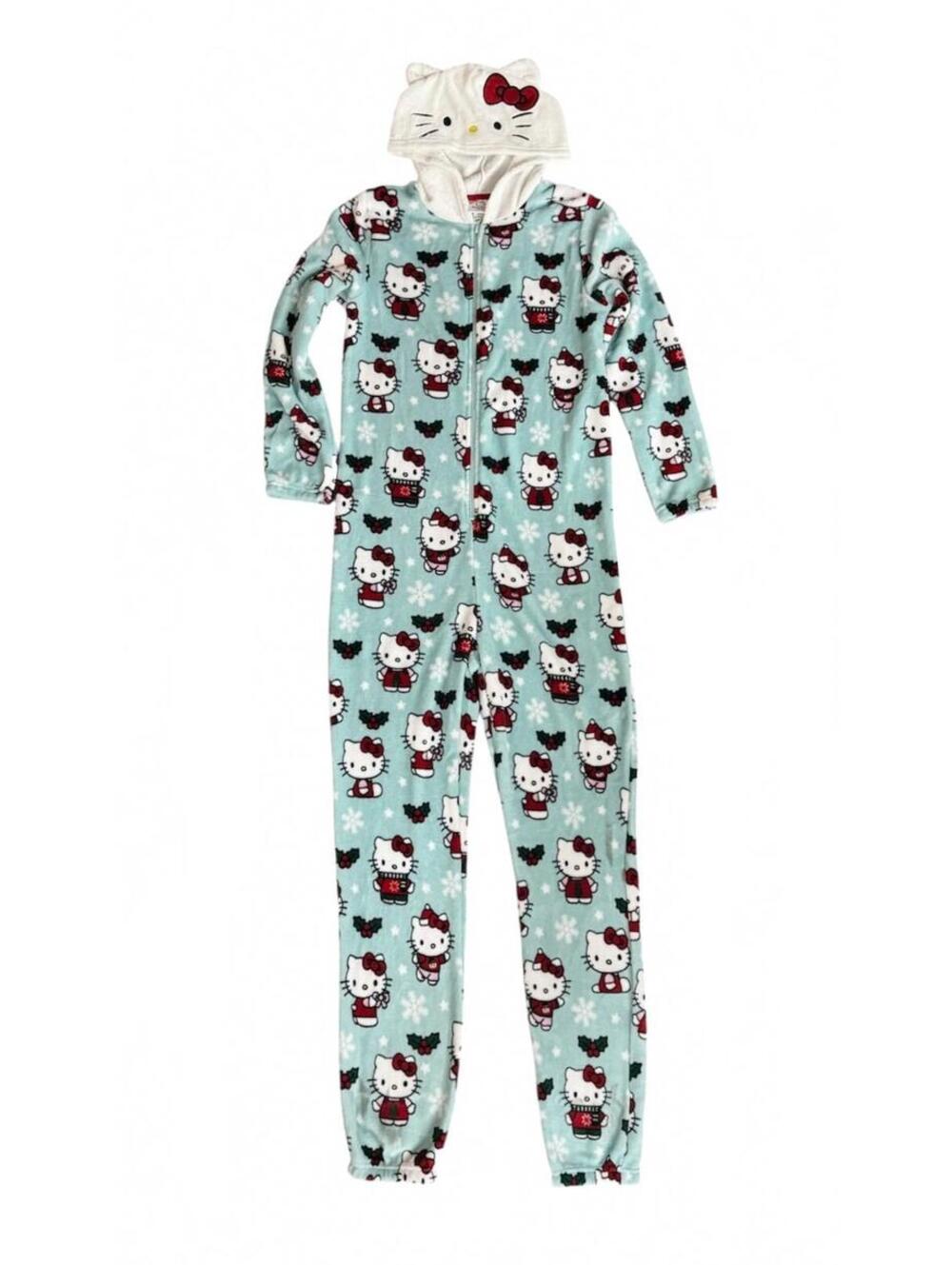 (C169) Hello Kitty Sanrio Christmas Fleece One Piece Hooded Pajamas Santa XL